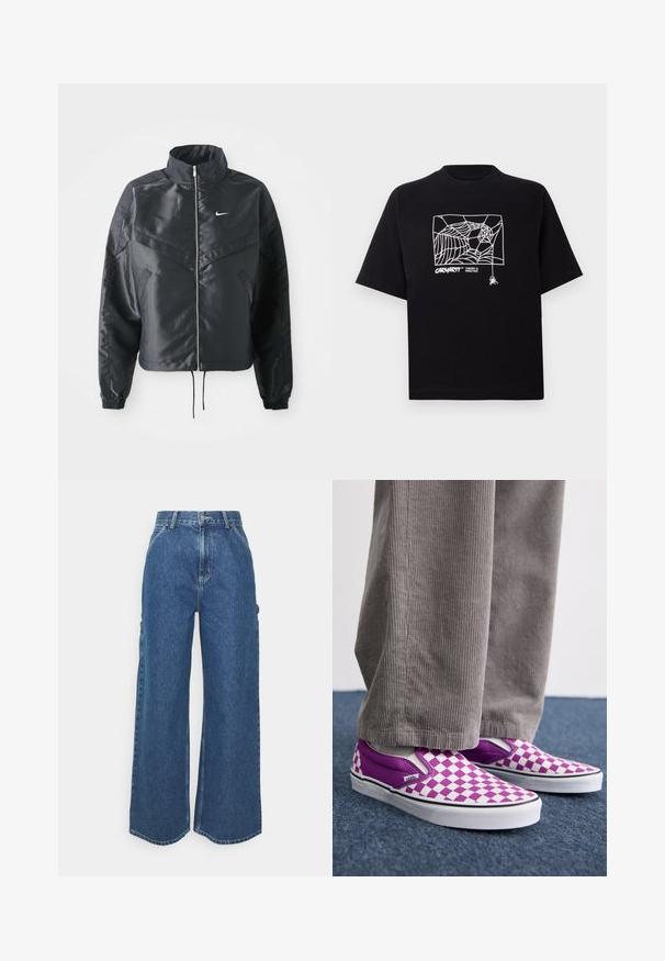 Must kolledžiga must lühike jope, millel on lukuga sulgus, elastne mansett ja valge Nike logo. Sile, läikiv kangas, millel on veidi tekstureeritud pind.; Mustmust särgis, millel on lühikesed varrukad. Esipaneelil on valge ämblikuvõrgu graafika ja logo. Lihtne ümmargune kaelus.; Laiene jalad sinised denim püksid kõrge vöökohaga, kontrastsete õmblustega ja küljetaskutega, klassikalise viie taskuga disainiga ja toore servaga.; Lilla ja valge ruuduline slip-on Vans jalanõud, millel on sile pind ja kontrastne mustäär, koos hallide nõgesejalgadega pükstega.