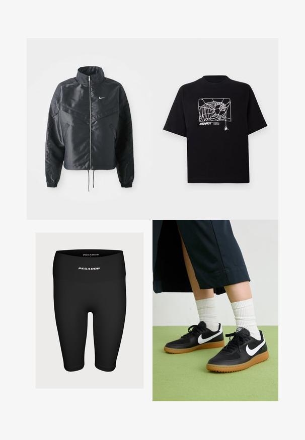 Casaco preto curto com colarinho alto, fecho de zip, punhos em elastano e um logótipo Nike branco. Tecido suave e brilhante com uma superfície ligeiramente texturizada.; T-shirt preta feita de algodão com mangas curtas. Apresenta uma gravação de teia de aranha branca e um logótipo na parte da frente. Possui um decote simples em forma redonda.; Calções desportivos pretos feitos de tecido elástico, com um cós alto apresentando o logótipo branco "PEGADOR" na frente.; Sapatilhas pretas em couro e sintético com o logo da Nike em branco, sola de borracha tipo goma, bico redondo e atacadores pretos. Meias brancas com frunces visíveis.
