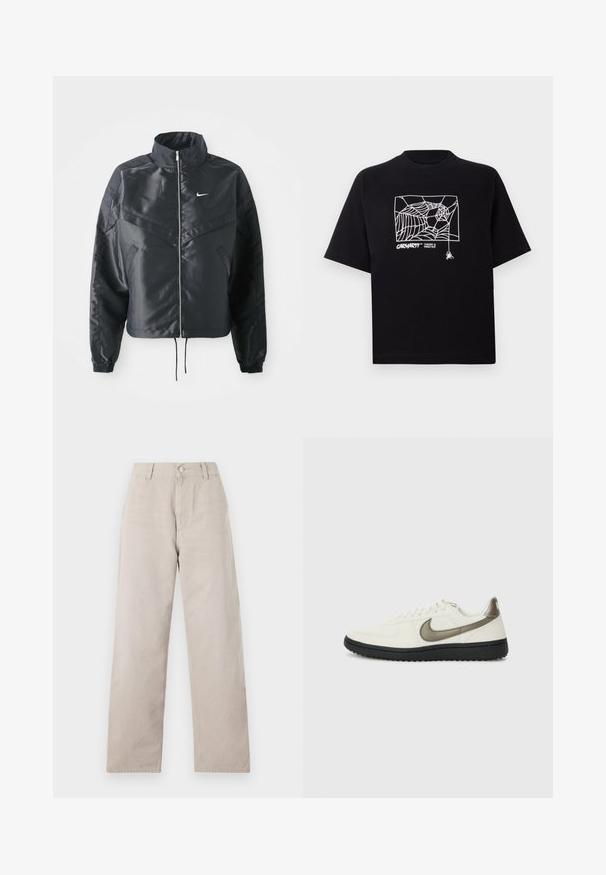 Melna apgriezta jaka ar augstu apkakli, rāvējslēdzēja aizdari, elastīna aprocēm un baltu Nike logo. Gluda, spīdīga auduma ar nedaudz teksturētu virsmu.; Melnā kokvilnas T-kreklā ir īsas piedurknes. Uz priekša ir balti zirnekļa tīkla grafika un logo. Vienkārša noapaļota izgriezne.; Bēšas taisnas kājas bikses, izgatavotas no gludas kokvilnas. Ar pogu aizdari, jostu cilpiņām un sānu kabatām. Vienkāršs, tīrs dizains.; Nike Sportswear FIELD GENERAL - Treniņu apavi - off-white/black