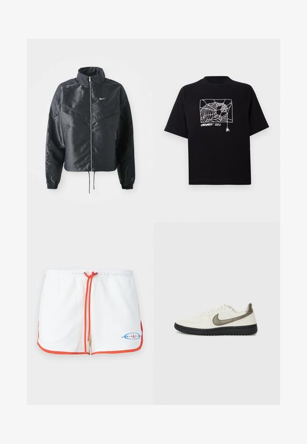 Giacca nera cropped con colletto alto, chiusura a zip, polsini in elastan e logo Nike bianco. Tessuto liscio e lucido con una superficie leggermente texturizzata.; Maglietta nera in cotone con maniche corte. Presenta una grafica e un logo a ragnatela bianca sul davanti. Scollo rotondo semplice.; Shorts bianchi con coulisse arancione e bordi arancioni. Presentano un logo grafico in blu e rosso. Tessuto morbido con un design casual.; Nike Sportswear FIELD GENERAL - Sneakers basse - off-white/black