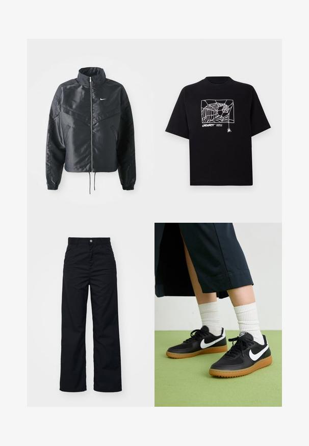 Must kolledžiga must lühike jope, millel on lukuga sulgus, elastne mansett ja valge Nike logo. Sile, läikiv kangas, millel on veidi tekstureeritud pind.; Mustmust särgis, millel on lühikesed varrukad. Esipaneelil on valge ämblikuvõrgu graafika ja logo. Lihtne ümmargune kaelus.; Mustad laiad mustad püksid, mis on valmistatud vastupidavast kangast, ees nupuga kinnitusega, külgedel kaks taskut ja sile pind.; Mustad nahast ja sünteetilised sneekerid valge Nike logoga, kummist gumme, ümar nina ja mustad paelad. Näha ribakujulisi valgeid sokke.