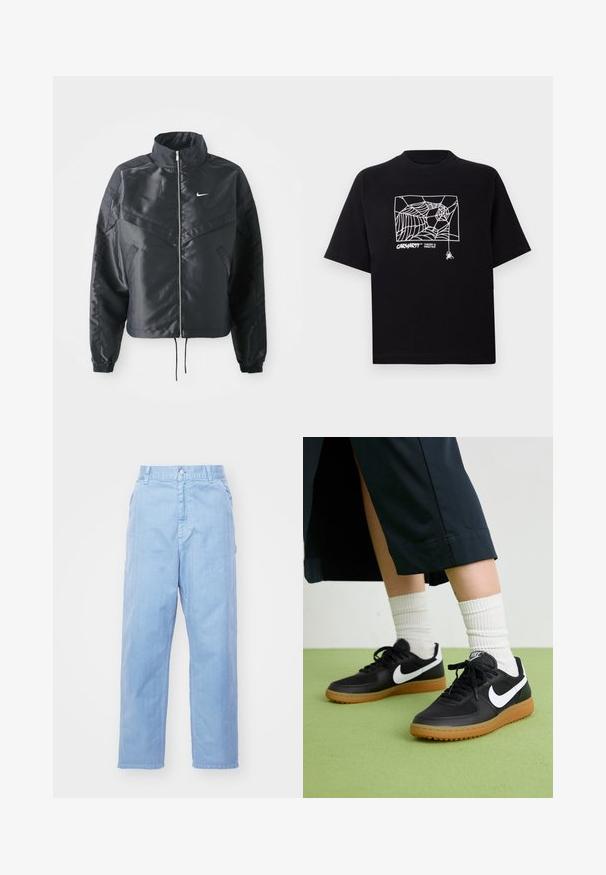 Črna skrajšana jakna z visokim ovratnikom, zadrgo, elastan rokavi in belim logotipom Nike. Gladek, sijoč material z rahlo teksturirano površino.; Črn T-majica iz bombaža s kratkimi rokavi. Na sprednji strani ima belo grafiko pajkove mreže in logo. Preprost okrogli izrez.; Svijetloplave traperice s ravnim nogavicama, zatvaranjem na dugme i prednjim džepovima. Tkanina ima suptilnu teksturu s glatkom završnom obradom.; Črne usnjene in sintetične superge z belim Nike swooshom, gumo na podplatu, okroglo konico ter črnimi vezalkami. Vidne so rebraste bele nogavice.
