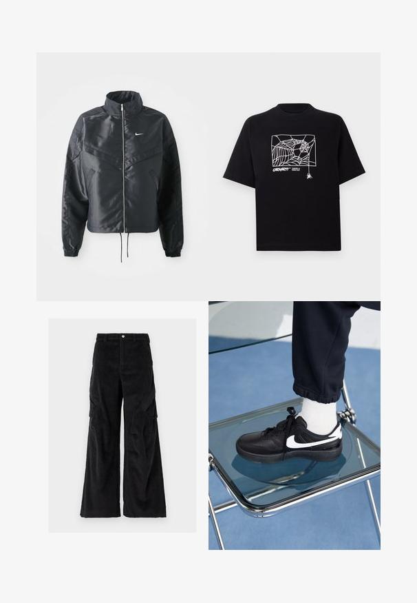Svart kort jacka med hög krage, dragkedja, ärmslut i elastan och en vit Nike-logotyp. Slät, glänsande tyg med en något strukturerad yta.; Svart t-shirt i bomull med korta ärmar. Har en vit spindelnätgrafik och logotyp på framsidan. Enkel rundad halsringning.; Svarta kordfløyelscargo byxor med vida ben, med strukturerade vertikala ribbor, sidofickor och en knappstängning i midjan.; Svarta Nike-sneakers med vita detaljer, med en slät läderstruktur, snörningsdesign och rund tå, placerade på en glasstol.