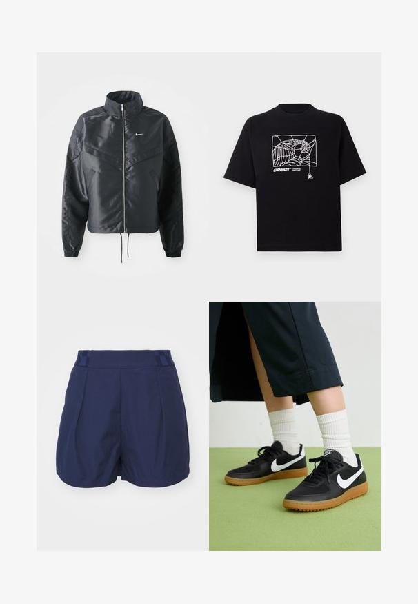 Casaco preto curto com colarinho alto, fecho de zip, punhos em elastano e um logótipo Nike branco. Tecido suave e brilhante com uma superfície ligeiramente texturizada.; T-shirt preta feita de algodão com mangas curtas. Apresenta uma gravação de teia de aranha branca e um logótipo na parte da frente. Possui um decote simples em forma redonda.; Calças curtas azul marinho com uma textura suave, apresentando uma cintura com padrão e detalhes com pregas na frente. Projetadas para conforto e mobilidade.; Sapatilhas pretas em couro e sintético com o logo da Nike em branco, sola de borracha tipo goma, bico redondo e atacadores pretos. Meias brancas com frunces visíveis.