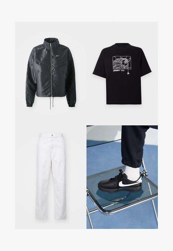 Jachetă croppată neagră cu guler înalt, închidere cu fermoar, manșete din elastan și un logo alb Nike. Material neted, lucios, cu o suprafață ușor texturată.; Tricou negru din bumbac, cu mâneci scurte. Dispune de un grafic alb cu o pânză de păianjen și un logo pe față. Guler simplu, rotund.; Pantaloni albi din bumbac cu o croială dreaptă, având închidere cu nasture frontal, bucle pentru curea și buzunare laterale. Textură netedă, fără modele.; Adidași negri Nike cu accente albe, cu o textură de piele netedă, design cu șireturi și vârf rotunjit, așezați pe un scaun din sticlă.