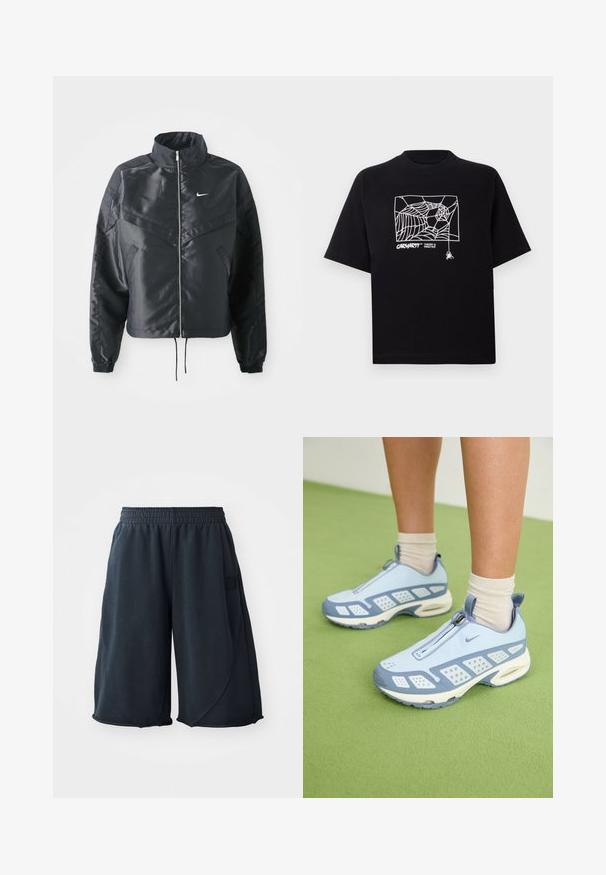 Svart kort jacka med hög krage, dragkedja, ärmslut i elastan och en vit Nike-logotyp. Slät, glänsande tyg med en något strukturerad yta.; Svart t-shirt i bomull med korta ärmar. Har en vit spindelnätgrafik och logotyp på framsidan. Enkel rundad halsringning.; Svarta sportshorts i mjukt material, med elastiskt midjeband och en logopatch på sidan. Slät yta med en avslappnad passform.; Ljusblå sportskor med vita detaljer, texturerade paneler och dragkedjestängning. Har en synlig luftdämpande sula och gummiyttersula.