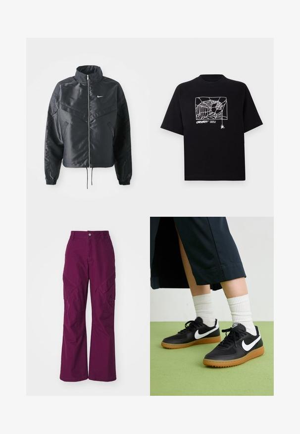 Svart cropped jakke med høy krage, glidelåsåpning, elastiske mansjetter og en hvit Nike-logo. Glatt, shiny stoff med en lett teksturert overflate.; Svart T-skjorte laget av bomull med korte ermer. Har et hvitt edderkoppnett grafikk og logo på fronten. Enkel rund hals.; Lilla cargo bukser med avslappet passform. Funksjoner inkluderer sidelommer, knappeåpning og en glatt bomulls tekstur. Bredbenet design.; Sorte lær- og syntetiske joggesko med hvit Nike swoosh, gummisåle, rund tå og sorte lisser. Ribbet hvite sokker synlige.