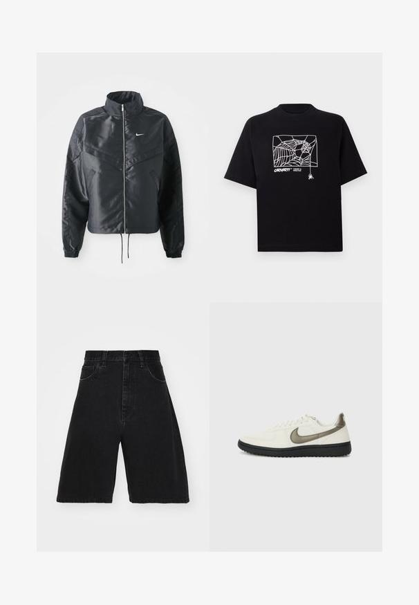 Veste noire courte avec col haut, fermeture éclair, poignets en élasthanne et logo Nike blanc. Tissu lisse et brillant avec une surface légèrement texturée.; T-shirt noir en coton à manches courtes. Présente un graphisme de toile d'araignée blanche et un logo à l'avant. Encolure ronde simple.; Shorts en jean noir à taille haute, avec un design à jambes larges, dotés de cinq poches et d'une fermeture à bouton. Texture lisse avec un léger délavage.; Nike Sportswear FIELD GENERAL - Baskets basses - off-white/black