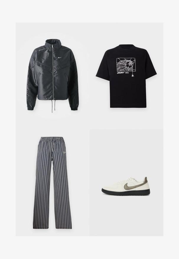 Svart kort jacka med hög krage, dragkedja, ärmslut i elastan och en vit Nike-logotyp. Slät, glänsande tyg med en något strukturerad yta.; Svart t-shirt i bomull med korta ärmar. Har en vit spindelnätgrafik och logotyp på framsidan. Enkel rundad halsringning.; Marinblå och vita randiga byxor med elastisk midja, vida ben och broderad logodetalj på vänster höft.; Nike Sportswear FIELD GENERAL - Sneakers - off-white/black
