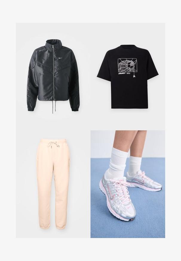 Schwarze, verkürzte Jacke mit hohem Kragen, Reißverschluss, Elastan-Ärmeln und einem weißen Nike-Logo. Glattes, glänzendes Material mit leicht strukturiertem Oberflächeneffekt.; Schwarzes T-Shirt aus Baumwolle mit kurzen Ärmeln. Mit einem weißen Spinnennetz-Graphic und Logo auf der Vorderseite. Einfacher runder Ausschnitt.; Beige Sweatpants mit einem elastischen Bund, verstellbarem Kordelzug, Seitentaschen und elastischen Bündchen an den Knöcheln. Weicher, strukturiertes Material.; Nike Laufschuhe mit einem silbernen Mesh-Obermaterial und pinken Akzenten, weißen Schnürsenkeln und einer strukturierten Sohle. Getragen mit weißen Baumwoll-Sportsocken.