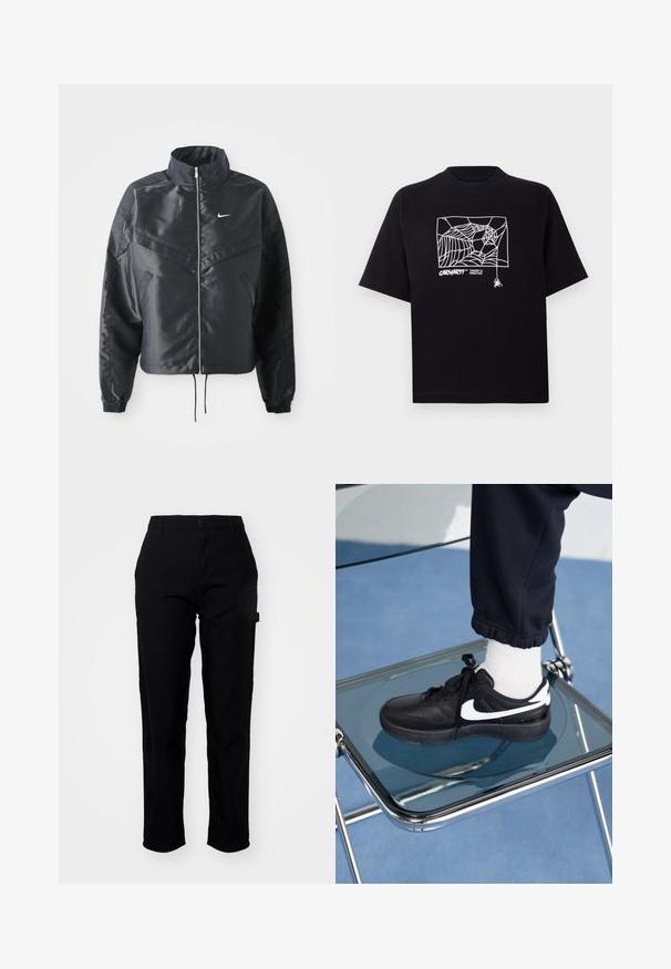 Chaqueta negra corta con cuello alto, cierre de cremallera, puños de elastano y un logo de Nike en blanco. Tejido suave y brillante con una superficie ligeramente texturizada.; Camiseta negra de algodón con mangas cortas. Presenta un gráfico de telaraña blanca y un logo en la parte frontal. Cuello redondeado simple.; Carhartt WIP PIERCE PANT - Pantalones - black; Zapatillas Nike negras con acentos blancos, con una textura de cuero suave, diseño de cordones y punta redondeada, colocadas sobre una silla de cristal.