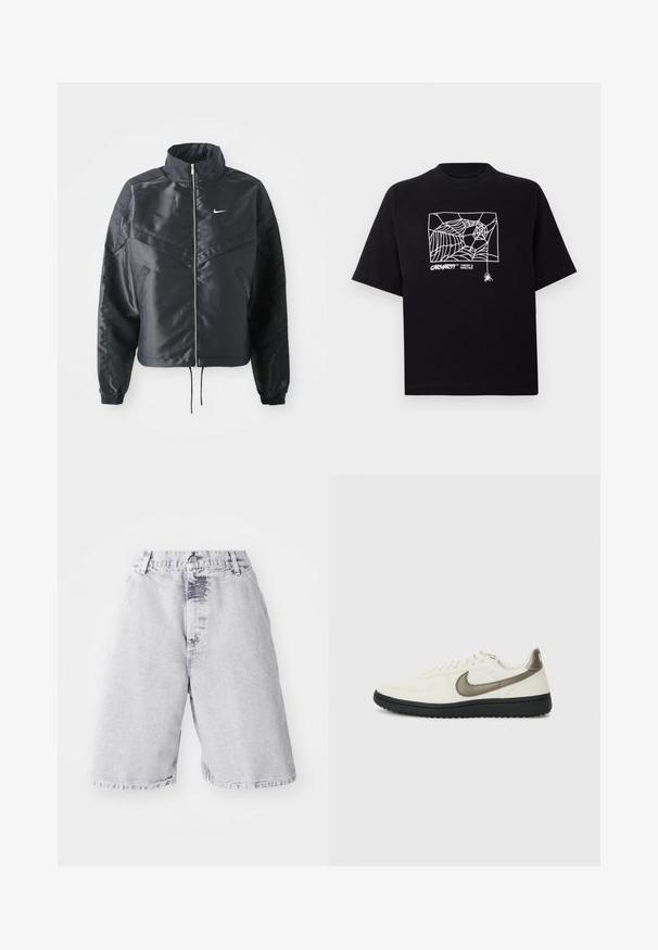 Veste noire courte avec col haut, fermeture éclair, poignets en élasthanne et logo Nike blanc. Tissu lisse et brillant avec une surface légèrement texturée.; T-shirt noir en coton à manches courtes. Présente un graphisme de toile d'araignée blanche et un logo à l'avant. Encolure ronde simple.; Shorts en denim de couleur gris clair avec une texture délavée. Présente une fermeture à bouton et zip, des passants de ceinture et une coupe droite.; Nike Sportswear FIELD GENERAL - Baskets basses - off-white/black