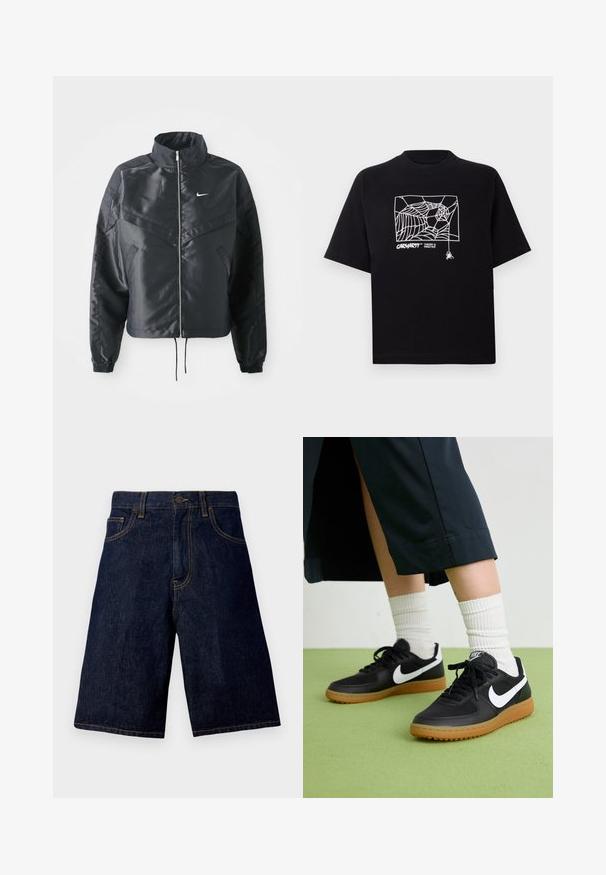 Svart kort jacka med hög krage, dragkedja, ärmslut i elastan och en vit Nike-logotyp. Slät, glänsande tyg med en något strukturerad yta.; Svart t-shirt i bomull med korta ärmar. Har en vit spindelnätgrafik och logotyp på framsidan. Enkel rundad halsringning.; Mörkblå denimshorts med rak skärning, som har en klassisk femfickdesign och kontrasterande guldstickningar.; Svarta läder- och syntetiska sneakers med vit Nike-logga, gummisula, rund tå och svarta snörningar. Ribbad vit strumpor synliga.