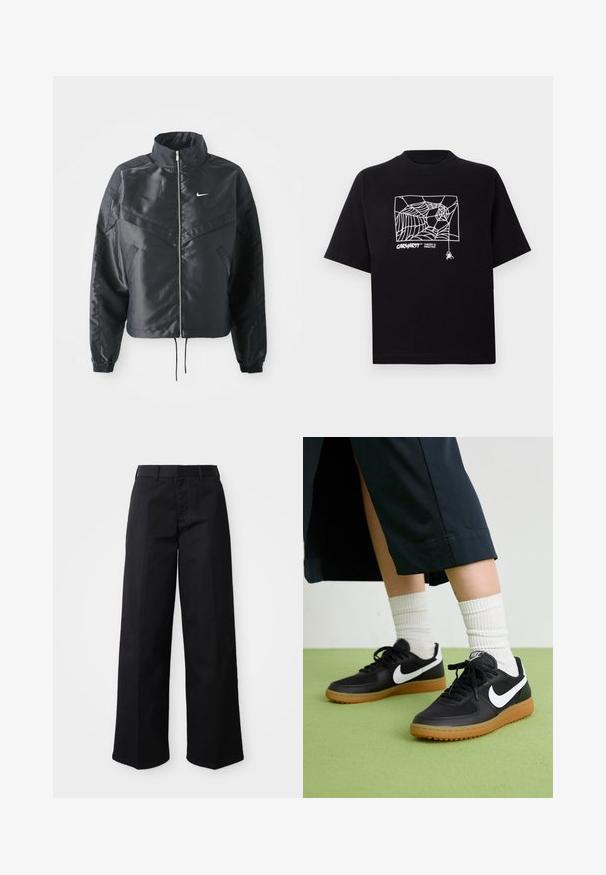 Čierna skrátená bunda s vysokým golierom, zipsovým uzatváraním, elastickými manžetami a bielym logom Nike. Hladká, lesklá tkanina s mierne textúrovaným povrchom.; Čierne tričko z bavlny s krátkymi rukávmi. Na prednej strane má biely grafický motív pavučiny a logo. Jednoduchý zaoblený výstrih.; Čierne široké nohavice z jemnej bavlny. Majú klasický pás, bočné vrecká a rovný strih po lem.; Čierne kožené a syntetické tenisky so bielym logom Nike, gumenou podrážkou, okrúhlou špičkou a čiernymi šnúrkami. Viditeľné biele pruhované ponožky.