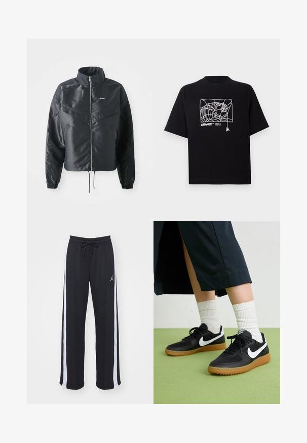 Black cropped jacket with high collar, zip closure, elastane cuffs, and a white Nike logo. Smooth, shiny fabric with a slightly textured surface.; Black T-shirt made of cotton with short sleeves. Features a white spider web graphic and logo on the front. Simple rounded neckline.; Black athletic pants with a relaxed fit, featuring white side stripes and a drawstring waist. Includes a small logo on the front.; Black leather and synthetic sneakers with white Nike swoosh, rubber gum sole, round toe, and black laces. Ribbed white socks visible.
