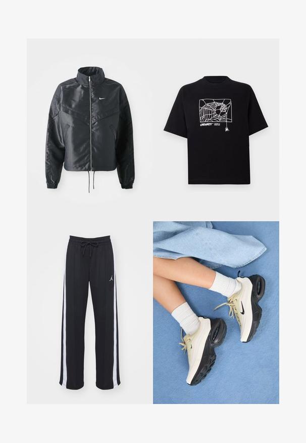Μαύρο cropped μπουφάν με ψηλό γιακά, κλείσιμο με φερμουάρ, μανσέτες από ελαστάνη και λευκό λογότυπο Nike. Λείο, γυαλιστερό ύφασμα με ελαφρώς υφή.; Μαύρη μπλούζα φτιαγμένη από βαμβάκι με κοντά μανίκια. Διαθέτει ένα γραφικό σχέδιο με λευκό ιστό αράχνης και λογότυπο στη μπροστινή πλευρά. Απλή στρογγυλή λαιμόκοψη.; Μαύρο αθλητικό παντελόνι με χαλαρή εφαρμογή, που διαθέτει λευκές ρίγες στα πλάγια και κορδόνι στη μέση. Περιλαμβάνει μικρό λογότυπο στη μύτη.; Τα παπούτσια Nike Air Max διαθέτουν έναν μπεζ και μαύρο σχεδιασμό, με απαλό άνω μέρος, ορατή αερο cushioning και επίπεδους καουτσούκ πάτους.