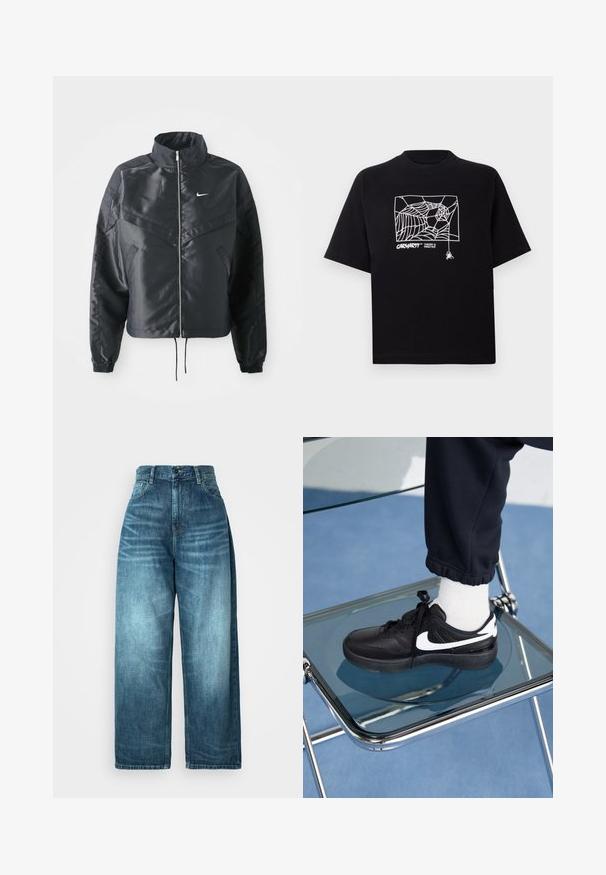 Černá zkrácená bunda s vysokým límcem, zipovým zapínáním, elastickými manžetami a bílým logem Nike. Hladká, lesklá látka s mírně strukturovaným povrchem.; Černé tričko vyrobené z bavlny s krátkými rukávy. Na přední straně má bílé grafické zobrazení pavučiny a logo. Jednoduchý kulatý výstřih.; Džíny s vysokým pasem a širokými nohavicemi ve středně modrém denimu, s vybledlým vzhledem, klasickým designem kapes a předním zapínáním na knoflíky.; Černé tenisky Nike s bílými akcenty, s hladkou koženou texturou, šněrovacím designem a zaoblenou špičkou, umístěné na skleněné židli.