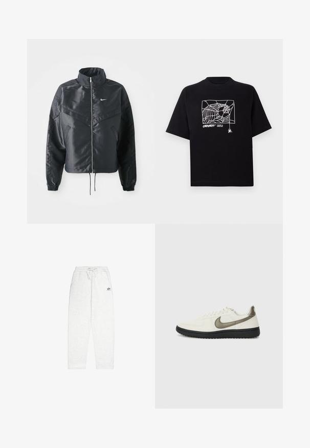 Schwarze, verkürzte Jacke mit hohem Kragen, Reißverschluss, Elastan-Ärmeln und einem weißen Nike-Logo. Glattes, glänzendes Material mit leicht strukturiertem Oberflächeneffekt.; Schwarzes T-Shirt aus Baumwolle mit kurzen Ärmeln. Mit einem weißen Spinnennetz-Graphic und Logo auf der Vorderseite. Einfacher runder Ausschnitt.; Hellgraue Jogginghose aus weichem Material, mit einem elastischen Bund und Kordelzug, seitlichen Taschen und einem kleinen Logo auf der Vorderseite.; Nike Sportswear FIELD GENERAL - Sneaker low - off-white/black
