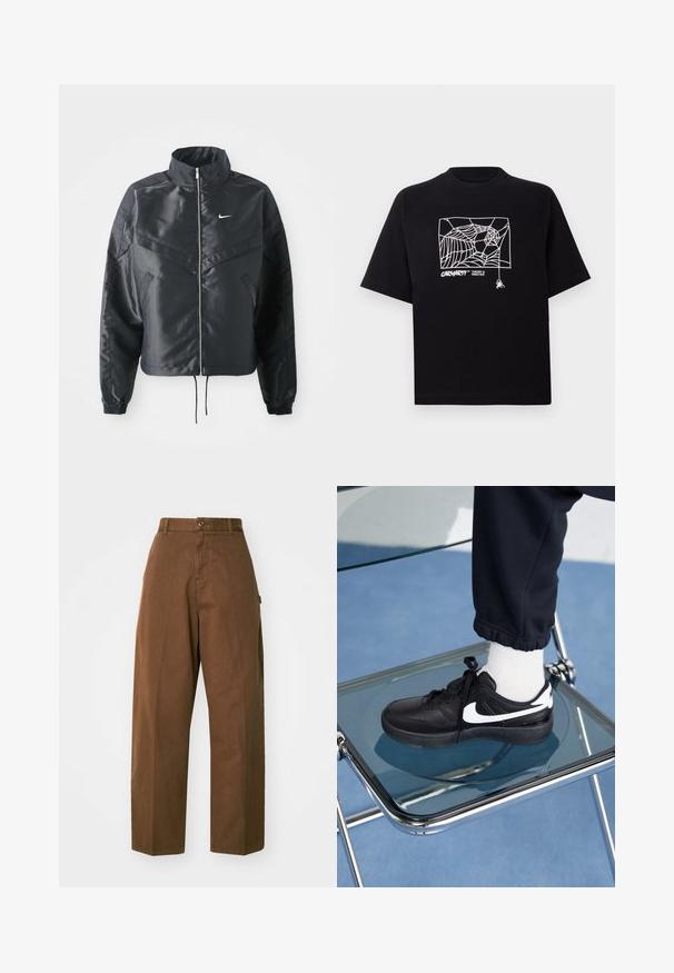 Black cropped jacket with high collar, zip closure, elastane cuffs, and a white Nike logo. Smooth, shiny fabric with a slightly textured surface.; Black T-shirt made of cotton with short sleeves. Features a white spider web graphic and logo on the front. Simple rounded neckline.; Brown, wide-leg trousers made of durable fabric with a button closure and side pockets. Smooth texture and straight cut.; Black Nike sneakers with white accents, featuring a smooth leather texture, lace-up design, and rounded toe, positioned on a glass chair.