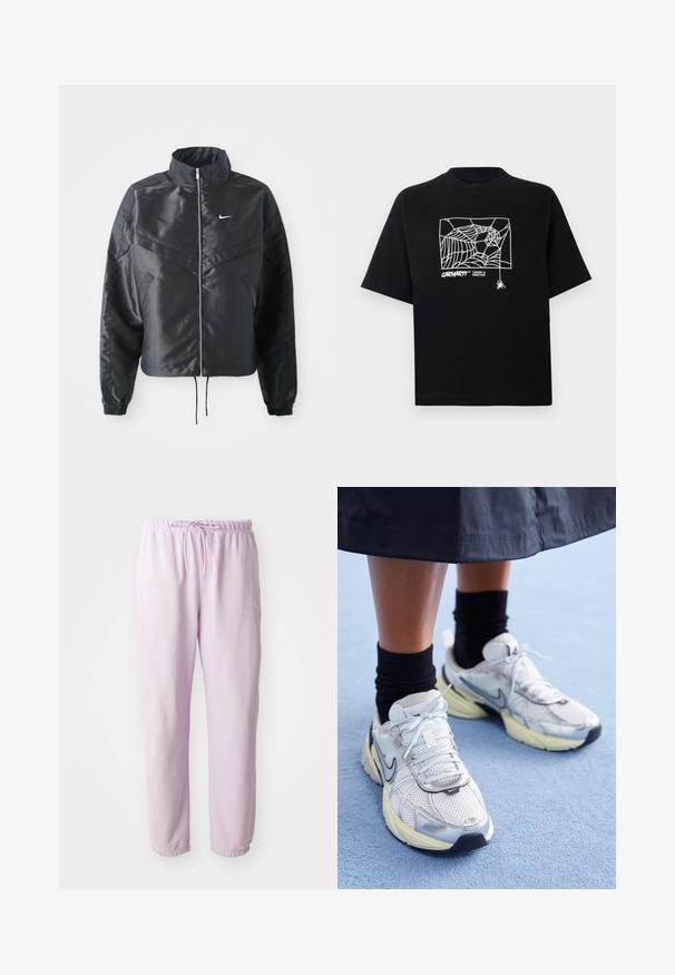 Black cropped jacket with high collar, zip closure, elastane cuffs, and a white Nike logo. Smooth, shiny fabric with a slightly textured surface.; Black T-shirt made of cotton with short sleeves. Features a white spider web graphic and logo on the front. Simple rounded neckline.; Light pink joggers with an elastic waistband, drawstring, and tapered legs. Features a small white logo on the front. Smooth, soft texture.; White and silver Nike sneakers with mesh fabric, reflective accents, and a beige sole. Worn with black socks, standing on a blue surface.