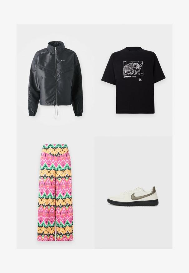 Svart cropped jakke med høy krage, glidelåsåpning, elastiske mansjetter og en hvit Nike-logo. Glatt, shiny stoff med en lett teksturert overflate.; Svart T-skjorte laget av bomull med korte ermer. Har et hvitt edderkoppnett grafikk og logo på fronten. Enkel rund hals.; Flerfargede vide bukser med et geometrisk mønster i rosa, grønn, oransje og svart. Laget av lett stoff med en glatt overflate.; Nike Sportswear FIELD GENERAL - Joggesko - off-white/black