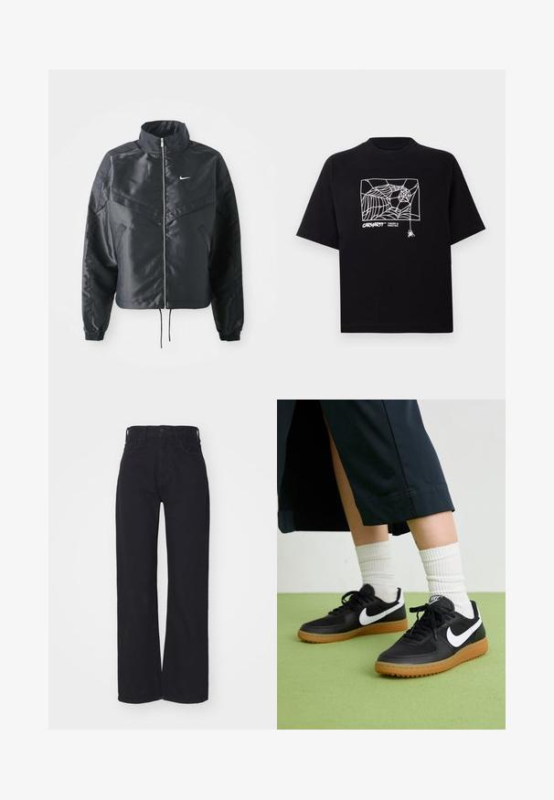 Svart cropped jakke med høy krage, glidelåsåpning, elastiske mansjetter og en hvit Nike-logo. Glatt, shiny stoff med en lett teksturert overflate.; Svart T-skjorte laget av bomull med korte ermer. Har et hvitt edderkoppnett grafikk og logo på fronten. Enkel rund hals.; Svart høy midje vid ben jeans med frontknapp og glidelås, beltehemper og to frontlommer på hvit bakgrunn.; Sorte lær- og syntetiske joggesko med hvit Nike swoosh, gummisåle, rund tå og sorte lisser. Ribbet hvite sokker synlige.