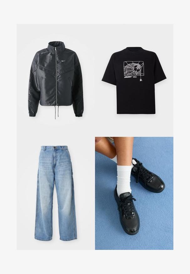 Juoda trumpa striukė su aukštu coloru, užtrauktuku, elastaniniu rankogaliu ir balta Nike logotipu. Lygus, blizgus audinys su šiek tiek tekstūruotu paviršiumi.; Juodas medvilnės marškinėliai su trumpomis rankovėmis. Priekyje yra balta voratinklio grafika ir logotipas. Paprastas apvalus iškarpymas.; Šviesiai mėlynos plačiakulkės džinsai su aukštu liemeniu, turintys šonines kišenes ir nublukusią tekstūrą, pagaminti iš džinsinio audinio.; Juodi Nike sportbačiai turi tekstūruotą viršutinę dalį, blizgius akcentus ir apvalius raiščius. Jie derinami su baltais banguotais kojinėmis ant šviesiai mėlynos paviršiaus.