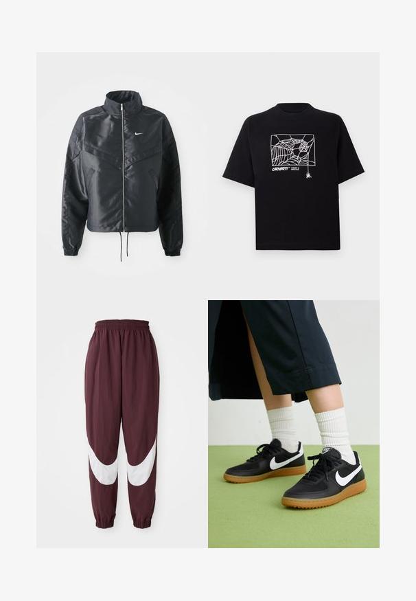 Black cropped jacket with high collar, zip closure, elastane cuffs, and a white Nike logo. Smooth, shiny fabric with a slightly textured surface.; Black T-shirt made of cotton with short sleeves. Features a white spider web graphic and logo on the front. Simple rounded neckline.; Maroon track pants with a white curved stripe design, elastic waistband, and tapered cuffs. Made from lightweight, breathable material.; Black leather and synthetic sneakers with white Nike swoosh, rubber gum sole, round toe, and black laces. Ribbed white socks visible.