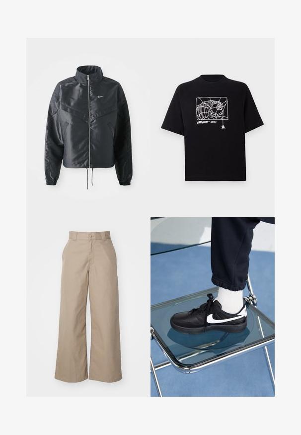 Giacca nera cropped con colletto alto, chiusura a zip, polsini in elastan e logo Nike bianco. Tessuto liscio e lucido con una superficie leggermente texturizzata.; Maglietta nera in cotone con maniche corte. Presenta una grafica e un logo a ragnatela bianca sul davanti. Scollo rotondo semplice.; Pantaloni beige a gamba larga realizzati in tessuto misto cotone, con vita alta, design strutturato e tasche frontali.; Sneakers Nike neri con accenti bianchi, caratterizzati da una superficie in pelle liscia, design con lacci e punta rotonda, posizionati su una sedia di vetro.