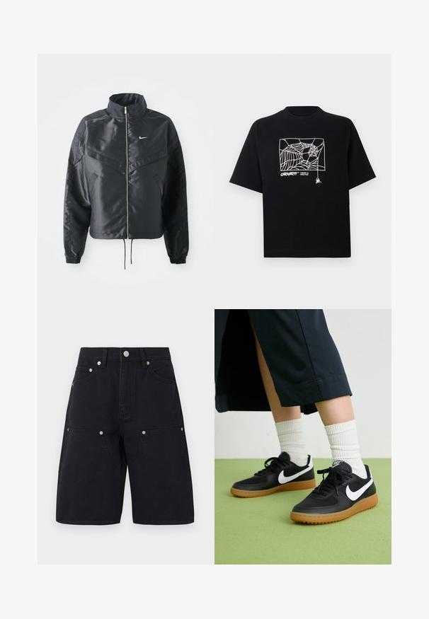 Crna kratka jakna s visokim ovratnikom, zatvaranjem na patentni zatvarač, elastinim rukavima i bijelim Nike logom. Glatka, sjajna tkanina s lagano teksturiranom površinom.; Crna majica kratkih rukava od pamuka. Na prednjoj strani sadrži zeleni grafički prikaz paukove mreže i logo. Jednostavna okrugla izreza.; Crni traper šortsevi s ravnim krojem, koji imaju dva prednja džepa i srebrne metalne detalje. Tekstura tkanine sa detaljima šivenja.; Crne kožne i sintetičke tenisice s bijelim Nike swooshom, gumeni potplat, okrugli vrh i crne vezice. Vidljive rebraste bijele čarape.
