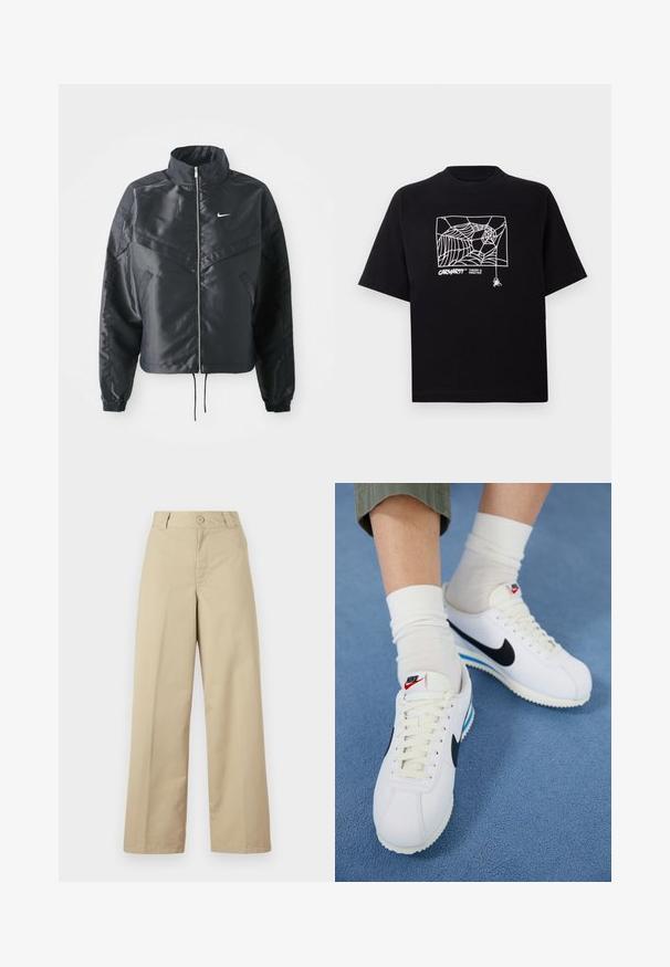 Zwarte cropped jack met hoge kraag, ritsluiting, elastische manchetten en een wit Nike-logo. Glad, glanzend materiaal met een licht gestructureerd oppervlak.; Zwarte T-shirt van katoen met korte mouwen. Voorzien van een witte spinnenwebgrafiek en logo op de voorkant. Eenvoudige ronde halslijn.; Beige wijde broek van katoen, met een knoopsluiting, riemlussen en een platte voorkant met minimale details.; Witte Nike sneakers met een zwarte swoosh, vetersluiting aan de voorkant en witte zolen met blauwe accenten. Draag ze met witte crew-sokken over groene broek.