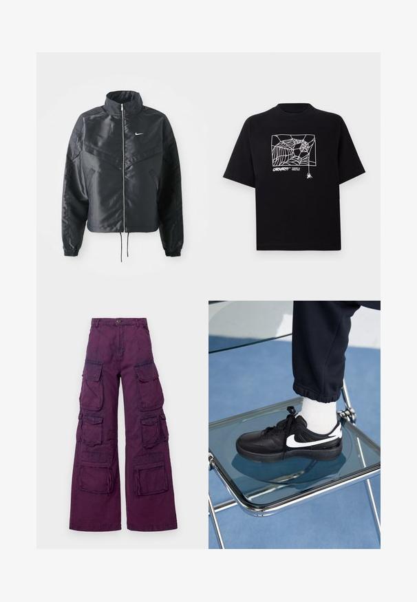 Giacca nera cropped con colletto alto, chiusura a zip, polsini in elastan e logo Nike bianco. Tessuto liscio e lucido con una superficie leggermente texturizzata.; Maglietta nera in cotone con maniche corte. Presenta una grafica e un logo a ragnatela bianca sul davanti. Scollo rotondo semplice.; Pantaloni cargo viola con gambe ampie, dotati di molteplici tasche frontali e laterali, cuciture a contrasto e chiusura a bottone in vita.; Sneakers Nike neri con accenti bianchi, caratterizzati da una superficie in pelle liscia, design con lacci e punta rotonda, posizionati su una sedia di vetro.