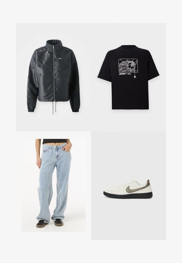 Juoda trumpa striukė su aukštu coloru, užtrauktuku, elastaniniu rankogaliu ir balta Nike logotipu. Lygus, blizgus audinys su šiek tiek tekstūruotu paviršiumi.; Juodas medvilnės marškinėliai su trumpomis rankovėmis. Priekyje yra balta voratinklio grafika ir logotipas. Paprastas apvalus iškarpymas.; Šviesiai mėlynos džinsinės kelnės su laisvu kirpimu, penkių kišenių dizainu, auksinėmis detalėmis ir subtiliu siuvinėtu logotipu ant priekinės kišenės.; Nike Sportswear FIELD GENERAL - Sportbačiai - off-white/black