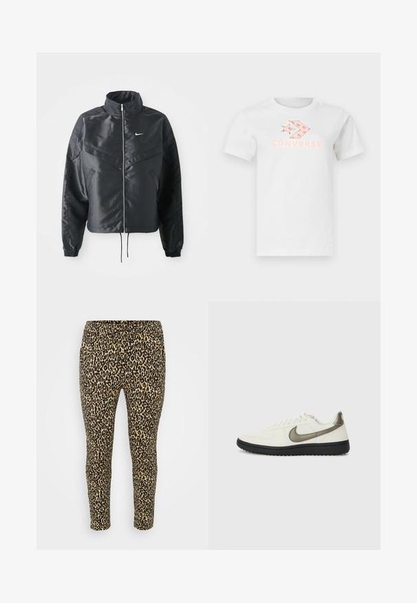 Casaco preto curto com colarinho alto, fecho de zip, punhos em elastano e um logótipo Nike branco. Tecido suave e brilhante com uma superfície ligeiramente texturizada.; T-shirt branca de algodão com um logotipo impresso em rosa e design gráfico na frente. Mangas curtas e um decote redondo clássico.; Leggings com padrão de leopardo em tons de castanho e preto, apresentando uma cintura com cordão, corte slim e tecido macio e elástico para conforto.; Nike Sportswear FIELD GENERAL - Sapatilhas - off-white/black