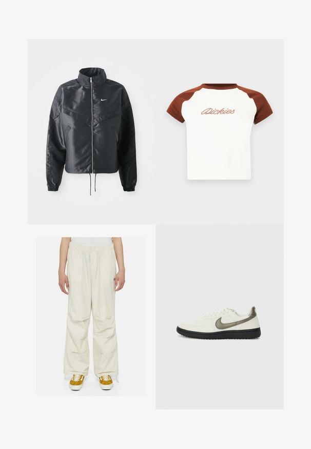Svart cropped jakke med høy krage, glidelåsåpning, elastiske mansjetter og en hvit Nike-logo. Glatt, shiny stoff med en lett teksturert overflate.; Kortermet t-skjorte med hvit kropp og brune raglanermer. Har "Dickies" i stilisert søm over brystet. Glatt tekstur.; Kremfargede cargo-bukser med løs passform, elastisk midje og flere lommer. Brukt sammen med brune og hvite sneakers på en hvit bakgrunn.; Nike Sportswear FIELD GENERAL - Joggesko - off-white/black
