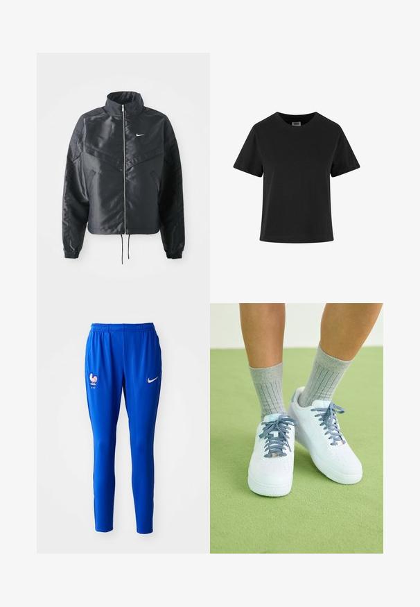 Juoda trumpa striukė su aukštu coloru, užtrauktuku, elastaniniu rankogaliu ir balta Nike logotipu. Lygus, blizgus audinys su šiek tiek tekstūruotu paviršiumi.; Juodas medvilninis marškinėlis trumpomis rankovėmis, apvaliu iškirpimu ir laisvu siluetu. Lygi tekstūra ir jokie matomi raštai ar puošmenos.; Mėlynos sportinės kelnės, pagamintos iš lengvos medžiagos, su logotipu ir emblema kairiajame šlaunies šone, pritaikytos prie kūno ir su elastinga juostos dalimi.; Balti odiniai sportbačiai su mėlynais akcentais, perforuota nosies dizainu ir tekstūruotomis mėlynai-baltomis raištelėmis, dėvimi su pilkais raukšlėtais kojiniais.