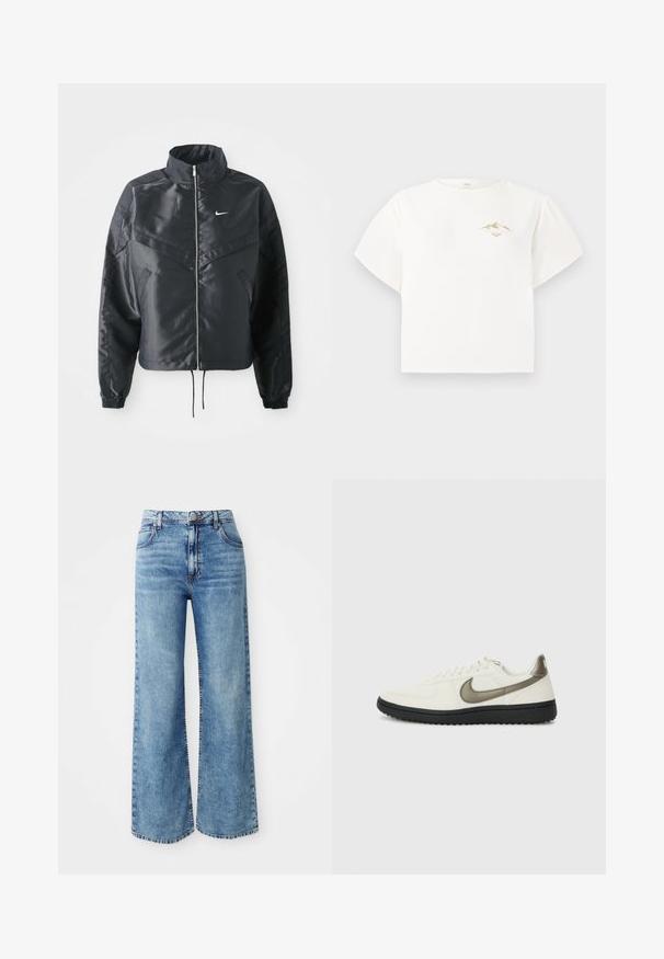 Črna skrajšana jakna z visokim ovratnikom, zadrgo, elastan rokavi in belim logotipom Nike. Gladek, sijoč material z rahlo teksturirano površino.; Bela kratka majica iz bombaža s kratkimi rokavi, ki ima na prsih majhen zlat grafični motiv gore ter ohlapen, kvadratast kroj.; Svijetloplavi traper široki traperice s visokim strukom, sa pet džepova, zatvaranjem na gornji dugme i kontrastnim šavovima duž šavova.; Nike Sportswear FIELD GENERAL - Športni copati - off-white/black