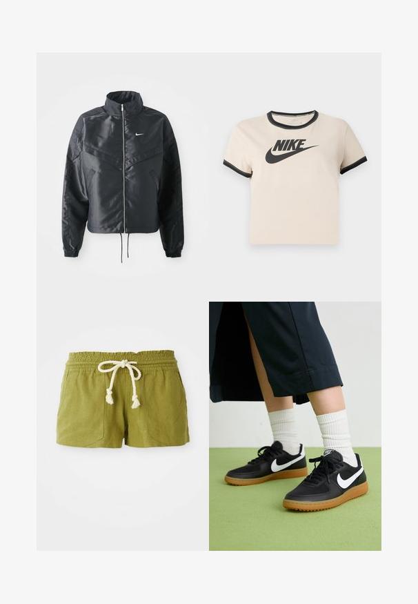 Melna apgriezta jaka ar augstu apkakli, rāvējslēdzēja aizdari, elastīna aprocēm un baltu Nike logo. Gluda, spīdīga auduma ar nedaudz teksturētu virsmu.; Gaiši beigus džersija T-krekls ar melnu apaļu kaklu un piedurknēm. Priekšpusē ir izteikts melns Nike logotips.; Zaļi linu auduma šorti ar elastīgu jostasvietu, auklu un divām priekšējām kabatām. Īss, ikdienas piegrieziens ar teksturētu audumu.; Melna āda un sintētiska materiāla sporta apavi ar baltu Nike logo, gumijas zole, apaļa purngala forma un melni šņores. Redzamas ribotas baltas zeķes.