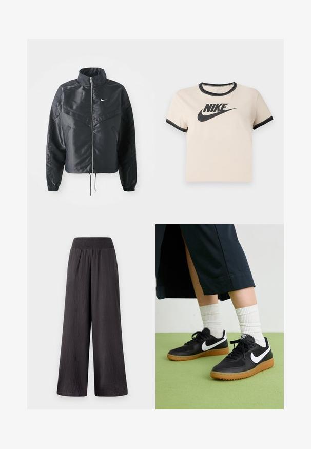 Černá zkrácená bunda s vysokým límcem, zipovým zapínáním, elastickými manžetami a bílým logem Nike. Hladká, lesklá látka s mírně strukturovaným povrchem.; Světle béžové bavlněné tričko s černým kulatým výstřihem a manžetami. Na přední straně se nachází výrazné černé logo Nike.; Černé široké kalhoty s elastickým pasem, vyrobené z lehkého texturovaného materiálu, s volným střihem a plnou délkou.; Černé kožené a syntetické tenisky s bílým logem Nike, gumovou podrážkou, kulatou špičkou a černými tkaničkami. Viditelné žebrované bílé ponožky.