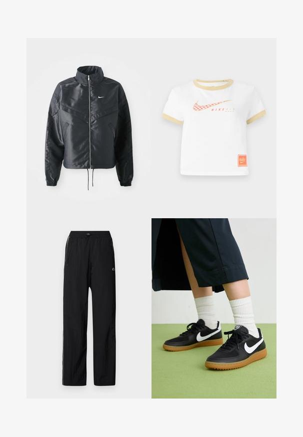 Melna apgriezta jaka ar augstu apkakli, rāvējslēdzēja aizdari, elastīna aprocēm un baltu Nike logo. Gluda, spīdīga auduma ar nedaudz teksturētu virsmu.; Balta T-krekls ar zelta apdari, ar sarkanu šūnlietu Nike zvērs logotipu, tekstu "NIKE AIR" un mazu oranžu Nike birku uz apakšmalas.; Melnas vēja necaurlaidīgas bikses ar elastīgu jostu, sānu rāvējslēdzēja kabatām un baltām sānu svītrām. Izgatavotas no viegla, gluda materiāla.; Melna āda un sintētiska materiāla sporta apavi ar baltu Nike logo, gumijas zole, apaļa purngala forma un melni šņores. Redzamas ribotas baltas zeķes.