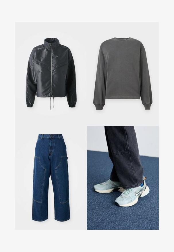 Svart cropped jakke med høy krage, glidelåsåpning, elastiske mansjetter og en hvit Nike-logo. Glatt, shiny stoff med en lett teksturert overflate.; Grå langermet genser med rund hals, laget av mykt stoff. Har ribbestrikkede mansjetter og en avslappet passform. Minimalistisk design, uten mønstre.; Mørke denim vide bukser med høj talje, med store forlommer og kontraststing. Stoffet har en let tekstur.; Lyseblå mesh Nike-sneakers med teksturert overflate, svart swoosh og kremfarget mellom såle, kombinert med mørkegrå vide bukser.
