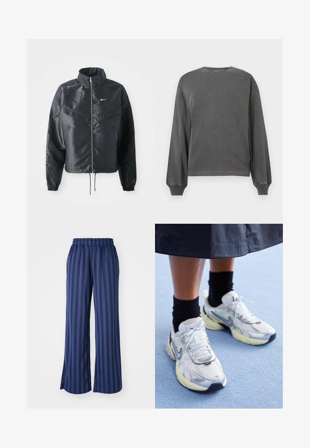 Svart cropped jakke med høy krage, glidelåsåpning, elastiske mansjetter og en hvit Nike-logo. Glatt, shiny stoff med en lett teksturert overflate.; Grå langermet genser med rund hals, laget av mykt stoff. Har ribbestrikkede mansjetter og en avslappet passform. Minimalistisk design, uten mønstre.; Vidde bukser laget av glatt, elastisk stoff med mørkeblå striper. Livbåndet er elastisk, med splitt i kanten for bevegelse.; Hvite og sølv Nike-sneakers med mesh-stoff, reflekterende detaljer, og en beige såle. Brukt med svarte sokker, stående på en blå overflate.