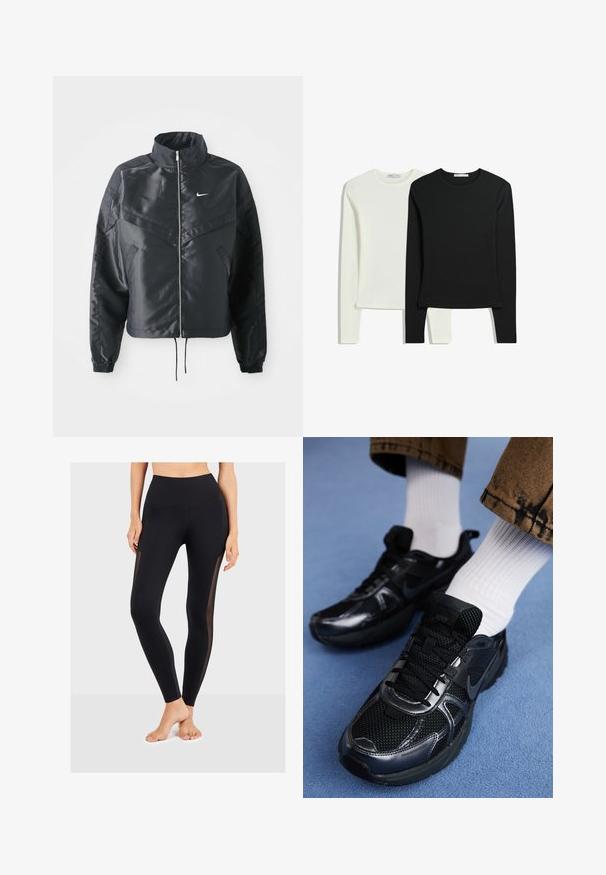 Zwarte cropped jack met hoge kraag, ritsluiting, elastische manchetten en een wit Nike-logo. Glad, glanzend materiaal met een licht gestructureerd oppervlak.; Twee langemouwen shirts: een witte en een zwarte. Gemaakt van gladde stof, met ronde halslijnen en een getailleerde vorm met rechte zomen.; Zwarte legging met een hoge tailleband, voorzien van doorzichtige mesh zijkanten. Gemaakt van rekbaar materiaal, ontworpen voor comfort en flexibiliteit.; Zwarte Nike sportschoenen met een mesh bovenkant en glanzende accenten, zwarte veters en een gestructureerde zool. In combinatie met witte geribde sokken.