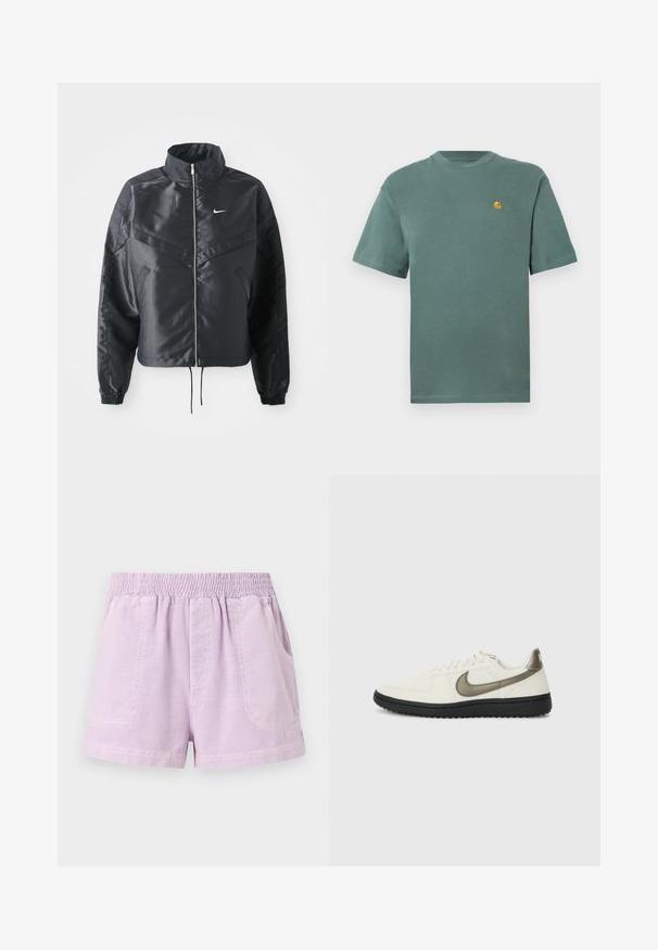 Black cropped jacket with high collar, zip closure, elastane cuffs, and a white Nike logo. Smooth, shiny fabric with a slightly textured surface.; Green cotton t-shirt with a round neck and short sleeves, featuring a small yellow logo on the left chest. Soft texture, casual design.; Lilac shorts made from lightweight fabric with an elastic waistband, featuring two front pockets and a relaxed fit.; Nike Sportswear FIELD GENERAL - Trainers - off-white/black