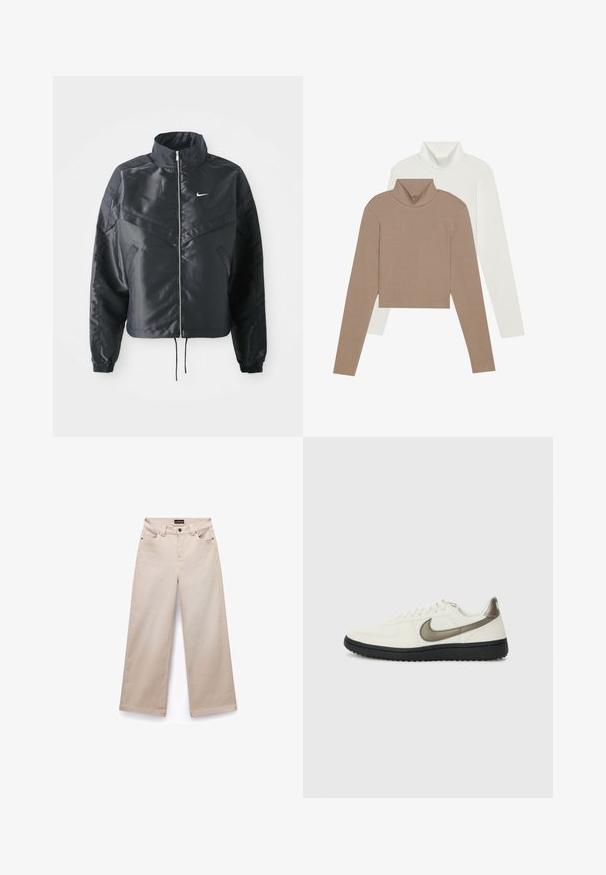 Mustat lyhyet takit, joissa on korkea kaulus, vetoketjukiinnitys, elastaanista valmistetut hihan suut ja valkoinen Nike-logo. Sileä, kiiltävä kangas, jossa on hieman tekstuuria.; Kaksi putkilopaitaa: yksi pehmeän ruskeana, jolla on ribbikuvio, ja toinen sileänä valkoisena. Molemmissa on pitkät hihat ja lyhennetty malli.; Vaahtokarkkia keinottava vaaleanruskea puuvillainen leveälahkeinen housu, jossa on sileä tekstuuri. Siinä on viisi taskua, vyölenkit ja hopeanvärisiä yksityiskohtia edessä.; Nike Sportswear FIELD GENERAL - Matalavartiset tennarit - off-white/black