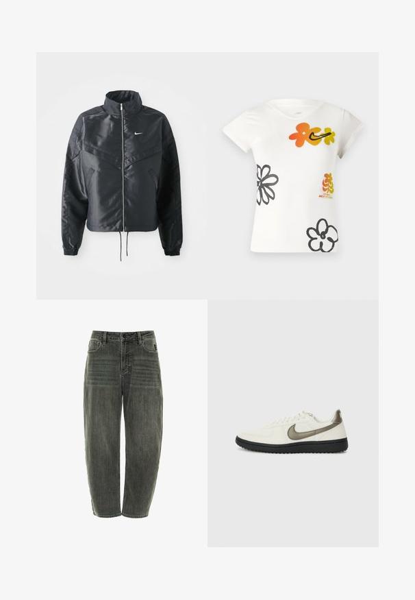 Svart cropped jakke med høy krage, glidelåsåpning, elastiske mansjetter og en hvit Nike-logo. Glatt, shiny stoff med en lett teksturert overflate.; Hvit t-skjorte med korte ermer som har fargerike blomsterdesign i oransje, gult og svart. Laget av en myk bomullsblanding med v-hals.; Mørkegrå denimjeans med en avslappet passform, som har fem lommer, en knappelukking, og subtil falming både foran og bak.; Nike Sportswear FIELD GENERAL - Joggesko - off-white/black