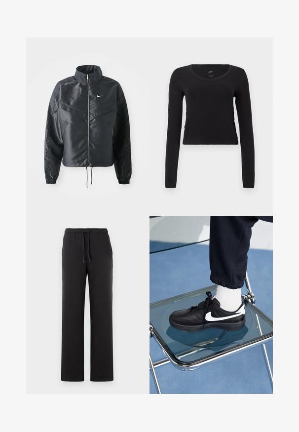 Černá zkrácená bunda s vysokým límcem, zipovým zapínáním, elastickými manžetami a bílým logem Nike. Hladká, lesklá látka s mírně strukturovaným povrchem.; Černé bavlněné tričko s dlouhým rukávem a zkráceným střihem. Má kulatý výstřih a jemné detailní nařasení na bocích pro přiléhavý vzhled.; Černé tepláky rovného střihu vyrobené z měkké tkaniny, s elastickým pasem na šňůrku a bočními kapsami.; Černé tenisky Nike s bílými akcenty, s hladkou koženou texturou, šněrovacím designem a zaoblenou špičkou, umístěné na skleněné židli.