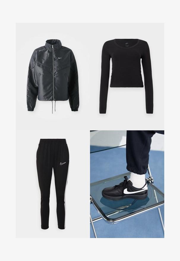 Černá zkrácená bunda s vysokým límcem, zipovým zapínáním, elastickými manžetami a bílým logem Nike. Hladká, lesklá látka s mírně strukturovaným povrchem.; Černé bavlněné tričko s dlouhým rukávem a zkráceným střihem. Má kulatý výstřih a jemné detailní nařasení na bocích pro přiléhavý vzhled.; Černé sportovní kalhoty s elastickým pasem, s bílým logem Nike a bílými bočními pruhy. Vyrobené z hladké, elastické tkaniny.; Černé tenisky Nike s bílými akcenty, s hladkou koženou texturou, šněrovacím designem a zaoblenou špičkou, umístěné na skleněné židli.
