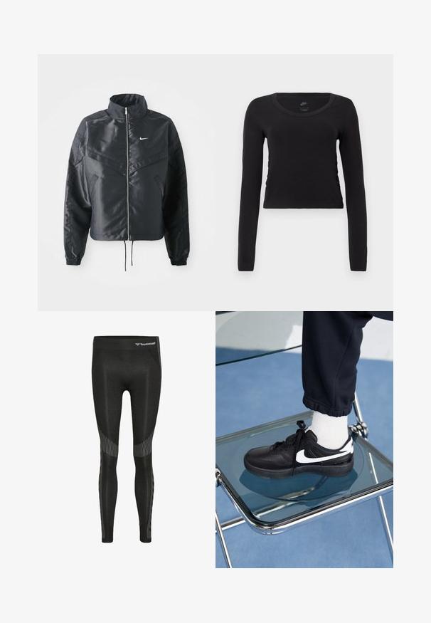 Chaqueta negra corta con cuello alto, cierre de cremallera, puños de elastano y un logo de Nike en blanco. Tejido suave y brillante con una superficie ligeramente texturizada.; Camiseta de manga larga y corte crop en algodón negro sólido. Presenta un escote redondo y un ligero fruncido en los laterales para un ajuste entallado.; Leggings atléticos negros con cintura alta, tejido texturizado y patrones a rayas a lo largo de los costados para un detalle adicional.; Zapatillas Nike negras con acentos blancos, con una textura de cuero suave, diseño de cordones y punta redondeada, colocadas sobre una silla de cristal.