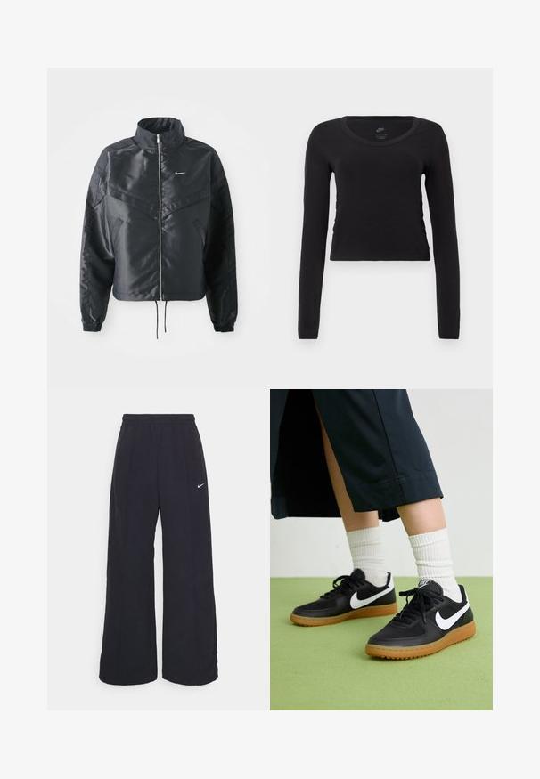 Črna skrajšana jakna z visokim ovratnikom, zadrgo, elastan rokavi in belim logotipom Nike. Gladek, sijoč material z rahlo teksturirano površino.; Dolga majica s kratkimi rokavi, skrajšana, v enotni črni barvi iz bombaža. Ima okroglo ovratnik in rahlo nabiranje na straneh za prileganje.; Črne široke hlače s elastiko v pasu in malim belim logotipom Nike. Tkanina ima gladko teksturo, zasnovano za udobje in sproščeno nošenje.; Črne usnjene in sintetične superge z belim Nike swooshom, gumo na podplatu, okroglo konico ter črnimi vezalkami. Vidne so rebraste bele nogavice.